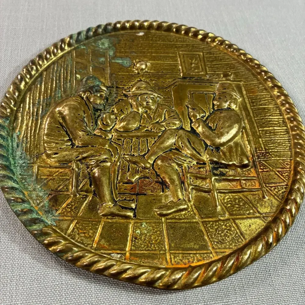 Vintage Embossed Brass Dutch Tavern Scene Wall Plaque 6.5” Folk Art Decor